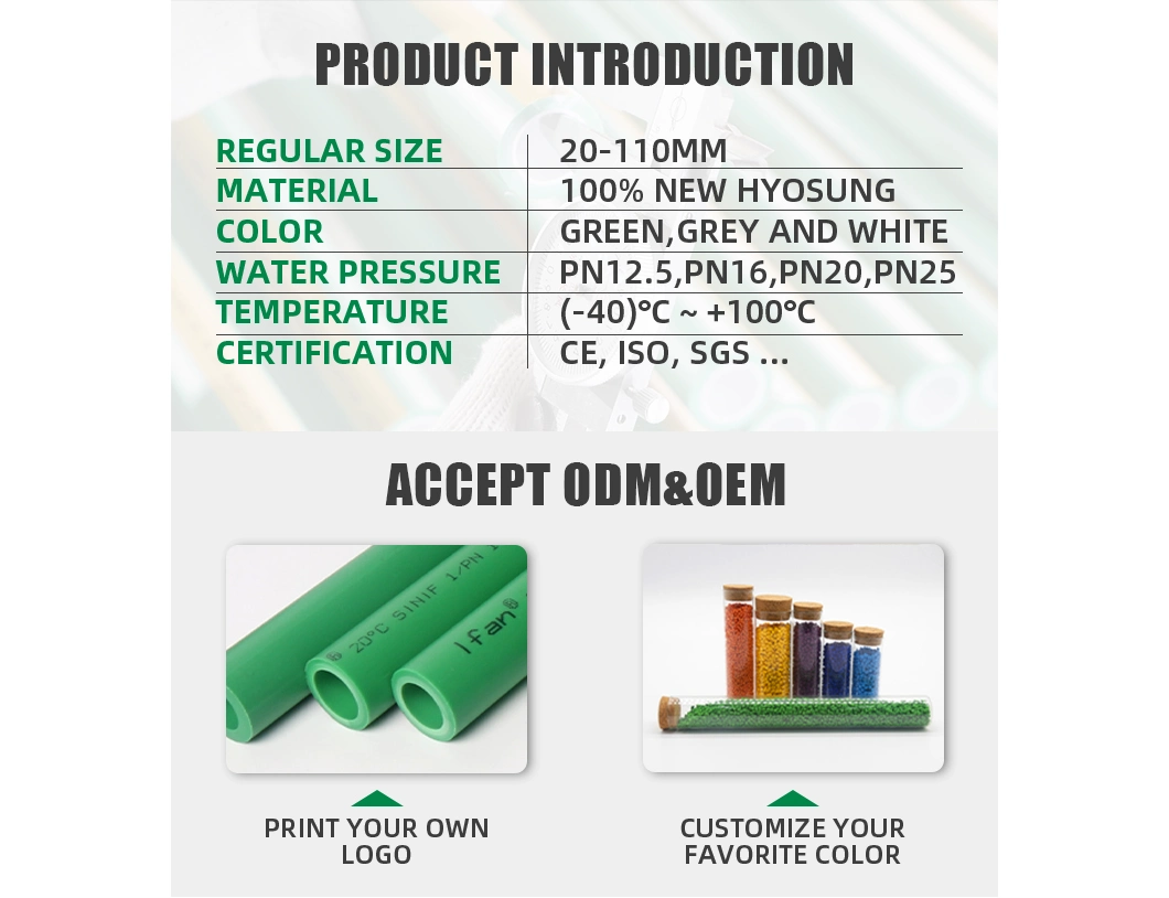 High Pressure Factory Corrosion Resistance Water Pipe PPR Green Customized Color 32mm Plumbing Tubes PPR Pipe for Water Supply