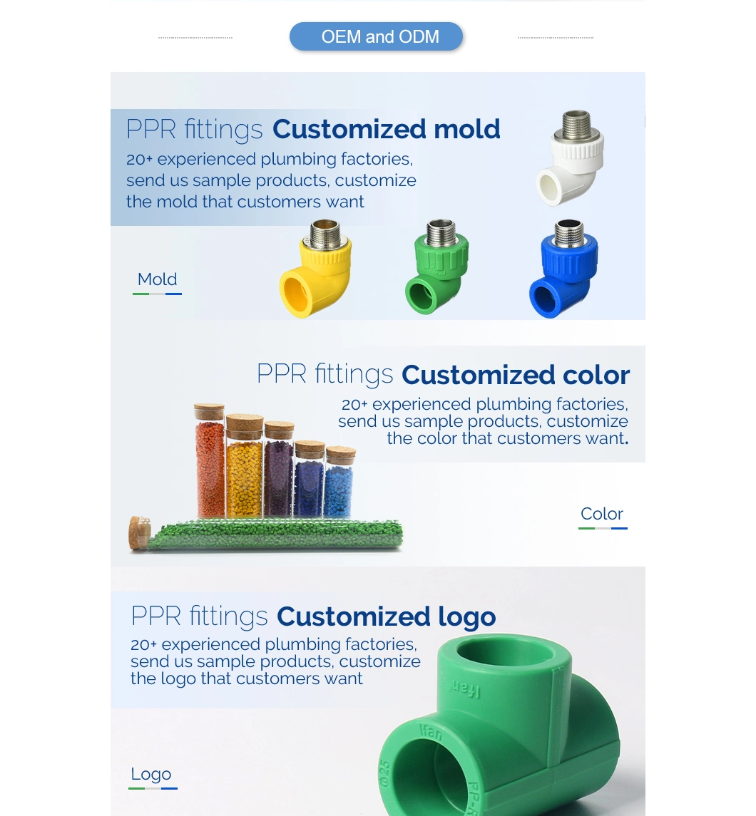 Ifan High Quality Customized 20-125mm Size Green Color PPR Pipe Fitting Plumbing Tubes PPR Tee for Water Supply